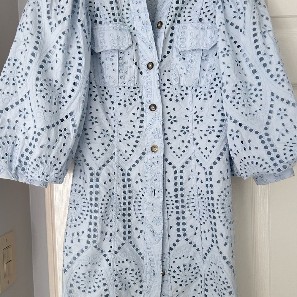 Ganni Light Blue Eyelet Mini Dress